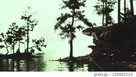A tranquil lakeside view features silhouetted trees and a rocky shoreline at twilight. The still water reflects the fading light, creating a peaceful scene of nature. 130982529