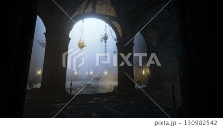 Dimly lit hall features arched doorways and hanging lanterns, creating an eerie yet captivating atmosphere. Light filters through, revealing ancient stonework and shadows. Dimly lit hall features arched doorways and hanging lanterns, creating an eerie yet captivating atmosphere. Light filters through, revealing ancient stonework and shadows. 130982542