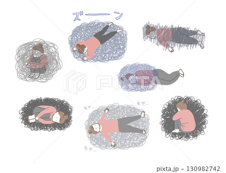 落ち込んだ女性のイラストセット 落ち込んだ女性のイラストセット 130982742
