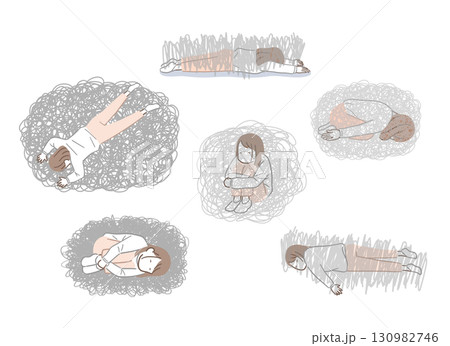 落ち込む若い女性のイラストセット 落ち込む若い女性のイラストセット 130982746