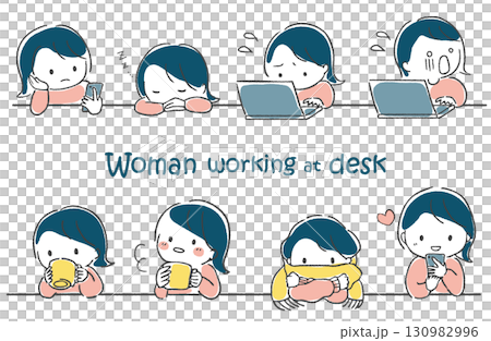 手繪的一群女性在辦公桌前工作時的各種動作和臉部表情 手繪的一群女性在辦公桌前工作時的各種動作和臉部表情 130982996