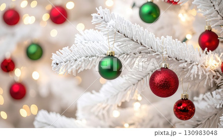 《AI画像》赤と緑のオーナメントで飾りつけた白いクリスマスツリー 130983048