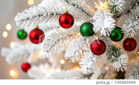 《AI画像》赤と緑のオーナメントで飾りつけた白いクリスマスツリー 130983049