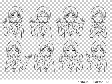 穿著西裝的可愛女人的 8 種面部表情黑色線條畫胸部 130983278