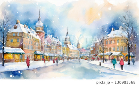 水彩で描いた冬の街並み 水彩で描いた冬の街並み 130983369
