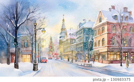 水彩で描いた冬の街並み 水彩で描いた冬の街並み 130983375