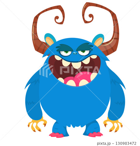 Cartoon cute monster with funny face expression waving hands. Halloween vector illustration 130983472