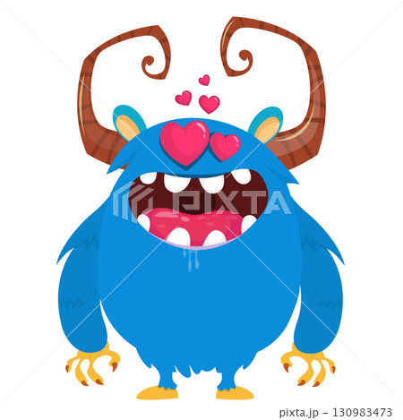 Cartoon cute monster with funny face expression waving hands. Halloween vector illustration 130983473