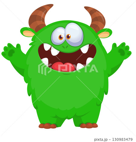 Cartoon cute monster with funny face expression waving hands. Halloween vector illustration 130983479