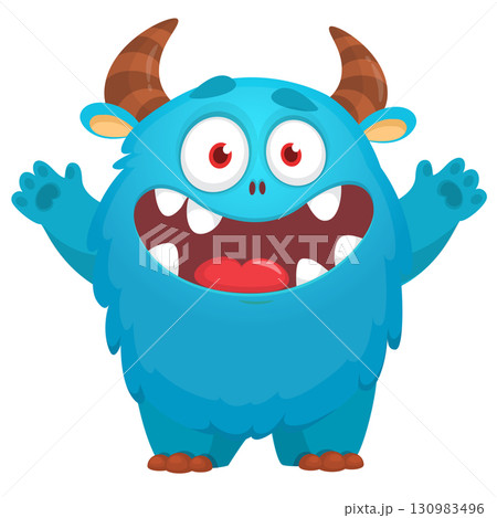 Cartoon cute monster with funny face expression waving hands. Halloween vector illustration 130983496