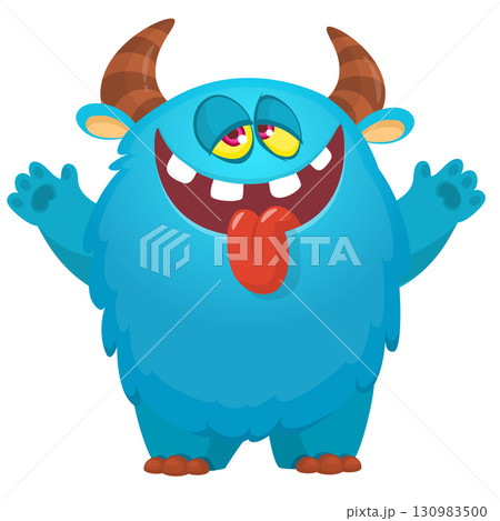 Cartoon cute monster with funny face expression waving hands. Halloween vector illustration Cartoon cute monster with funny face expression waving hands. Halloween vector illustration 130983500