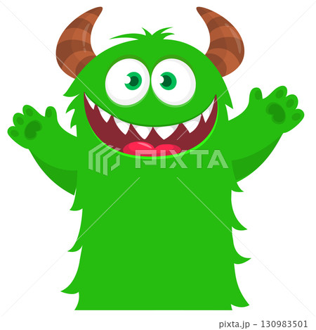 Cartoon cute monster with funny face expression waving hands. Halloween vector illustration Cartoon cute monster with funny face expression waving hands. Halloween vector illustration 130983501