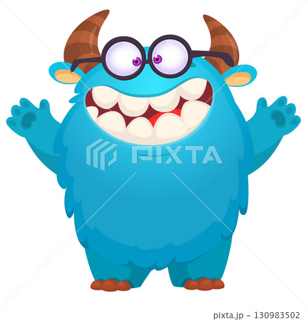 Cartoon cute monster with funny face expression waving hands. Halloween vector illustration 130983502