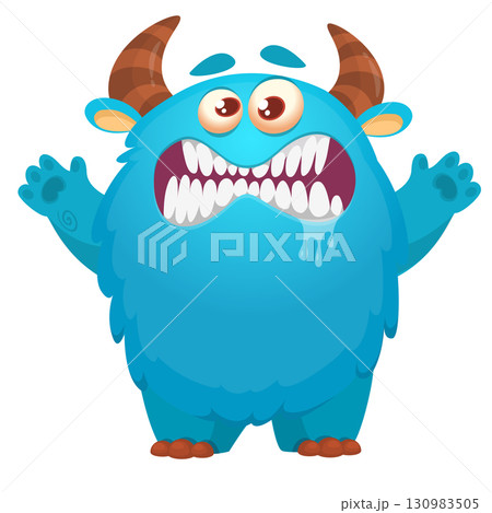Cartoon cute monster with funny face expression waving hands. Halloween vector illustration Cartoon cute monster with funny face expression waving hands. Halloween vector illustration 130983505