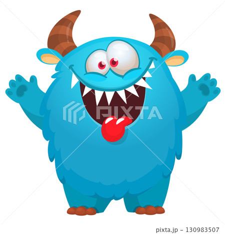 Cartoon cute monster with funny face expression waving hands. Halloween vector illustration Cartoon cute monster with funny face expression waving hands. Halloween vector illustration 130983507