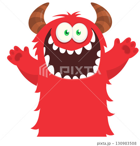 Cartoon cute monster with funny face expression waving hands. Halloween vector illustration 130983508