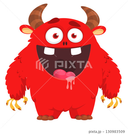 Cartoon cute monster with funny face expression waving hands. Halloween vector illustration Cartoon cute monster with funny face expression waving hands. Halloween vector illustration 130983509