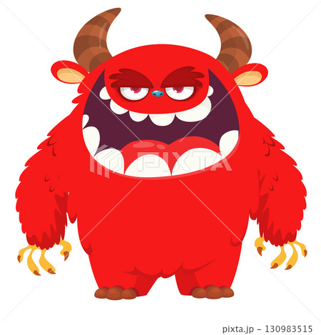Cartoon cute monster with funny face expression waving hands. Halloween vector illustration 130983515