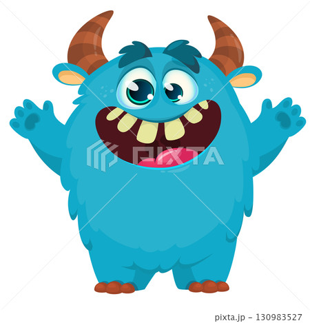 Cartoon cute monster with funny face expression waving hands. Halloween vector illustration 130983527