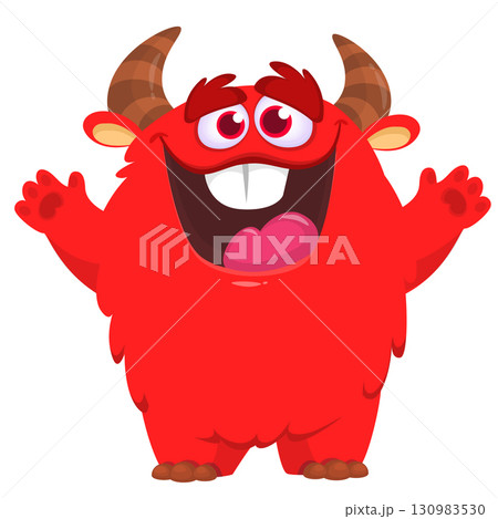 Cartoon cute monster with funny face expression waving hands. Halloween vector illustration Cartoon cute monster with funny face expression waving hands. Halloween vector illustration 130983530