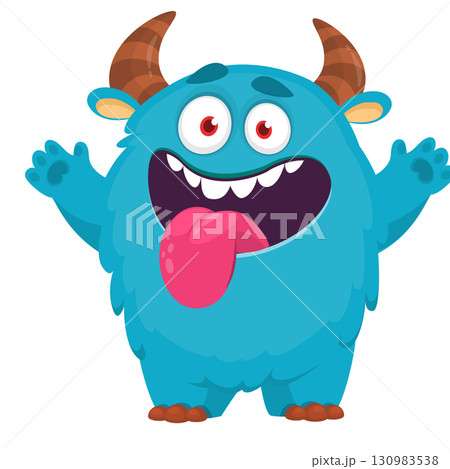 Cartoon cute monster with funny face expression waving hands. Halloween vector illustration 130983538