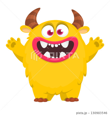 Cartoon cute monster with funny face expression waving hands. Halloween vector illustration Cartoon cute monster with funny face expression waving hands. Halloween vector illustration 130983546