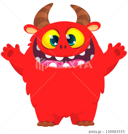 Cartoon cute monster with funny face expression waving hands. Halloween vector illustration Cartoon cute monster with funny face expression waving hands. Halloween vector illustration 130983555