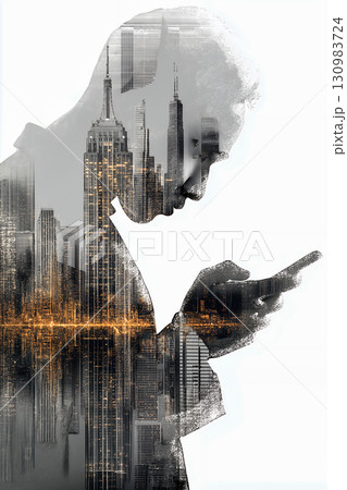 スマホを操作する人物と都市風景のダブルエクスポージャー 130983724