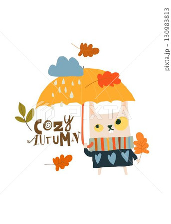 Cute Bunny in Sweater standing in the Rain Under an Umbrella. 130983813