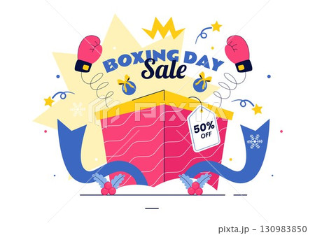 Boxing Day Sale Vector Illustration featuring Discount Tags, Special Offers, and Gift Boxes for Promotional Advertising in a Flat Cartoon Background Boxing Day Sale Vector Illustration featuring Discount Tags, Special Offers, and Gift Boxes for Promotional Advertising in a Flat Cartoon Background 130983850