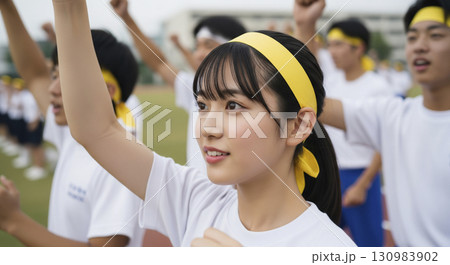 体育祭でクラスメイトと応援する姿 130983902