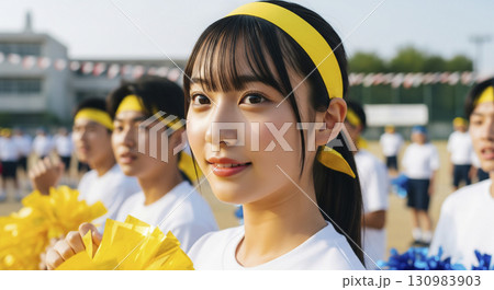 体育祭でクラスメイトと応援する姿 130983903