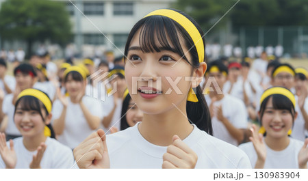 体育祭でクラスメイトと応援する姿 130983904