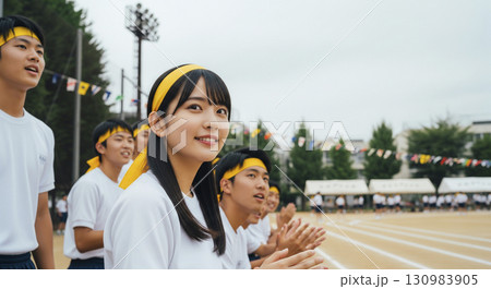 体育祭でクラスメイトと応援する姿 130983905