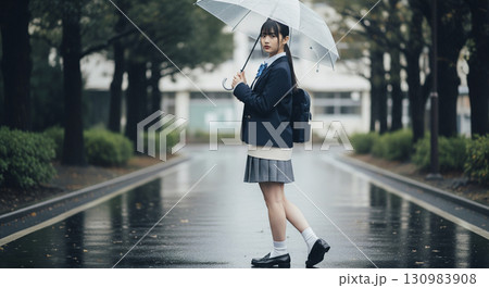雨の日に傘をさして登校する女子高生 130983908