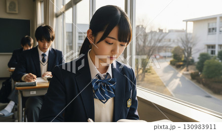 教室の窓際で授業を受ける高校生 130983911