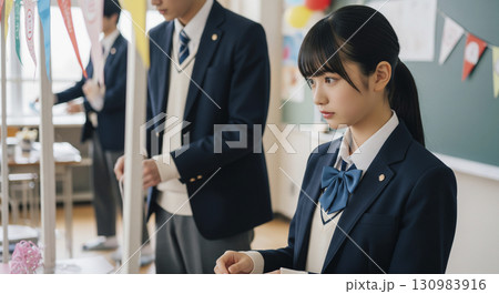 文化祭の出店の準備を手伝う女子高生 130983916