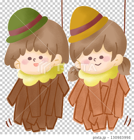Illustration of two children wearing lumberjack-like hats playing bagworm Illustration of two children wearing lumberjack-like hats playing bagworm 130983998