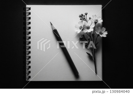 Notebook with Pencil and Small Bouquet of Flowers, Minimalist Back to School Illustration 130984040