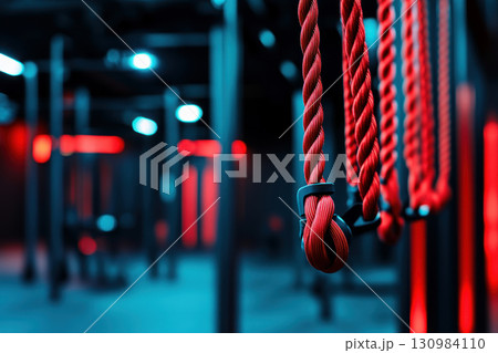 Red cable machine handles hanging neatly against a matte black background, sharp lighting creating contrast, emphasizing sleek fitness equipment 130984110