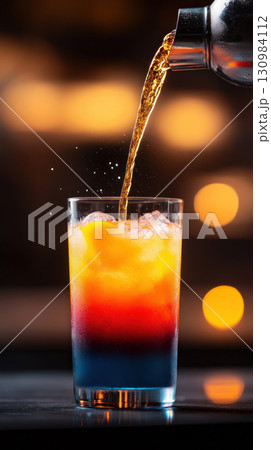 A colorful cocktail being poured into a glass 130984112