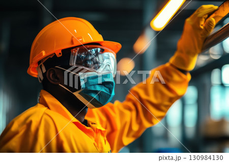 A safety officer demonstrating proper use of protective equipment 130984130