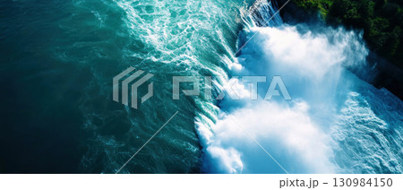 A hydroelectric dam with powerful water currents driving massive turbines 130984150