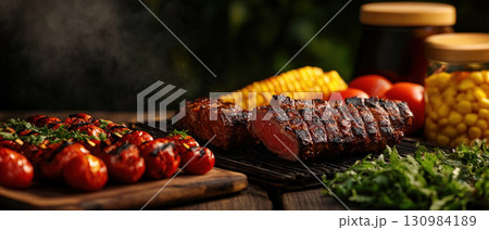A barbecue with grilled meats and vegetables 130984189
