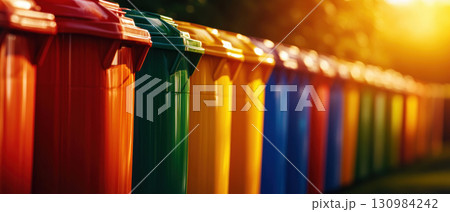 A vibrant row of colorful recycling bins under warm evening light, promoting eco-friendly practices and waste management. 130984242