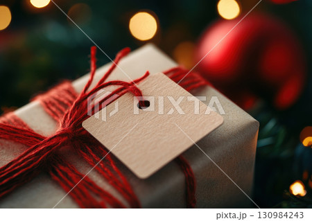 Close-up of a beautifully wrapped gift box with a blank tag and festive decorations, perfect for holiday celebrations. 130984243