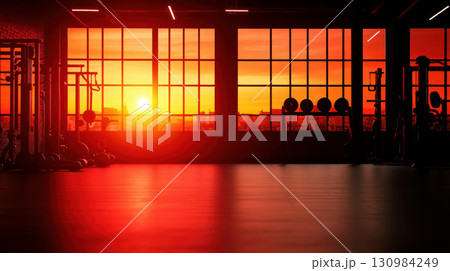 Bright red gym equipment in a modern industrialstyle gym with natural lighting, fitness machines, kettlebells, and weights, perfect for a health and wellness concept 130984249