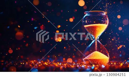 Glowing hourglass with liquid light sand suspended in midair, time flowing in a futuristic realm, Glowtime, symbolic time flow 130984251