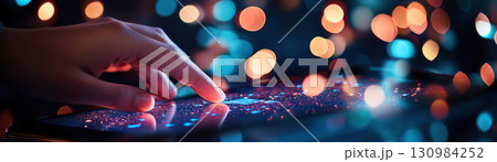 Closeup of a hand hovering over a Buy Now button on a tablet, surrounded by product images, Cyber Monday Click, ecommerce frenzy, digital purchases 130984252