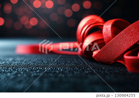 Red resistance bands stretching across a sleek black gym mat, minimal design with focus on fitness versatility and dynamic training 130984255